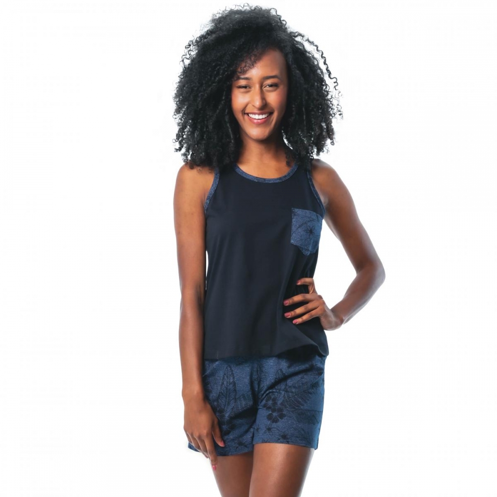 Short Doll Regata em Malha Floral com Bolso - Marinho