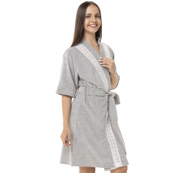 Roupão Feminino Trespassado em Malha com Guipir