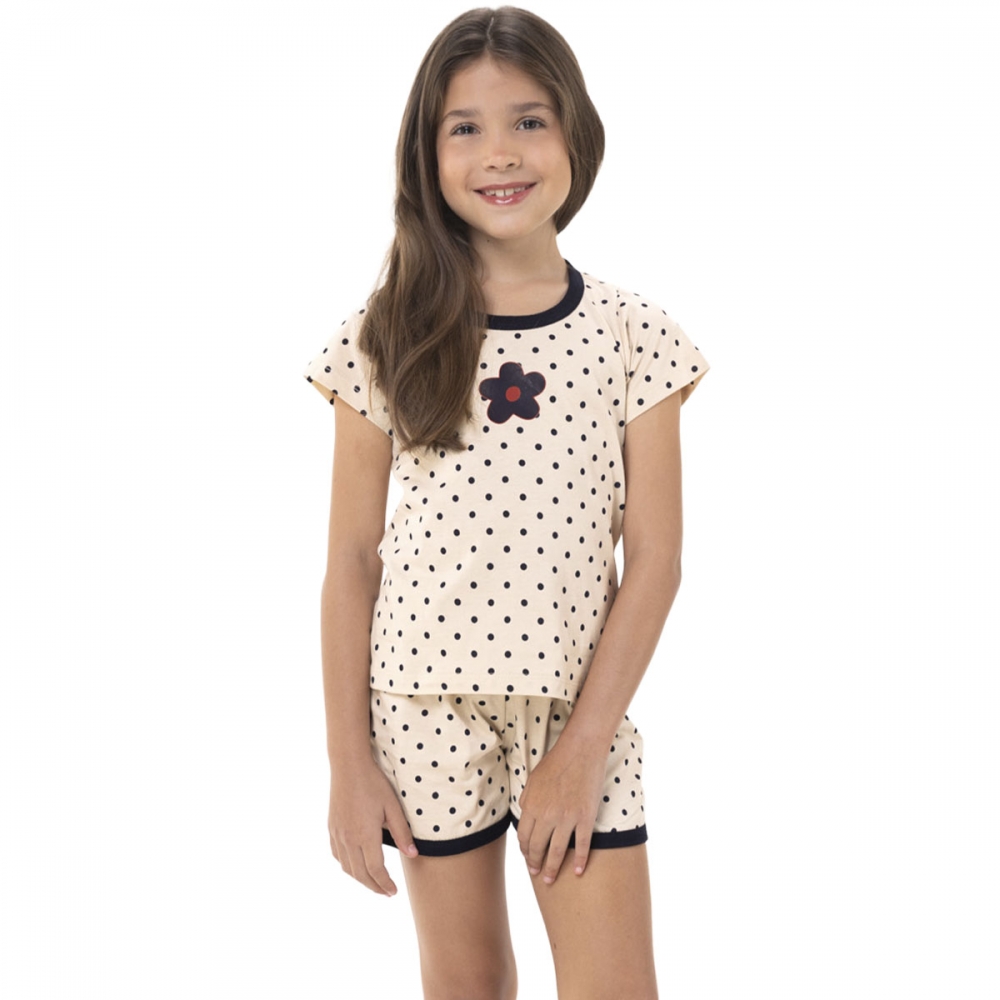 Pijama Infantil Feminino Manga Curta Poá – Malha Algodão - Marinho