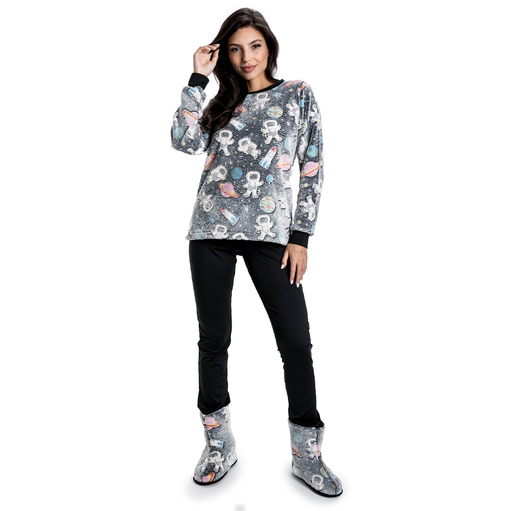 Pijama Pelúcia Astronauta Com Modal Peluciado - Preto