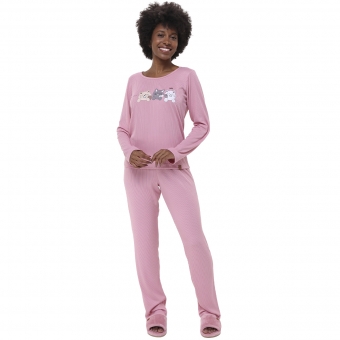 Pijama Canelado Feminino Longo Modal Estampa Gatinhos