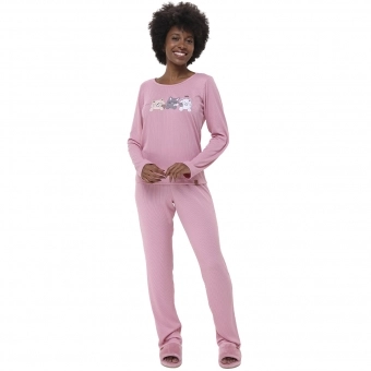 Pijama Canelado Feminino Longo Modal Estampa Gatinhos