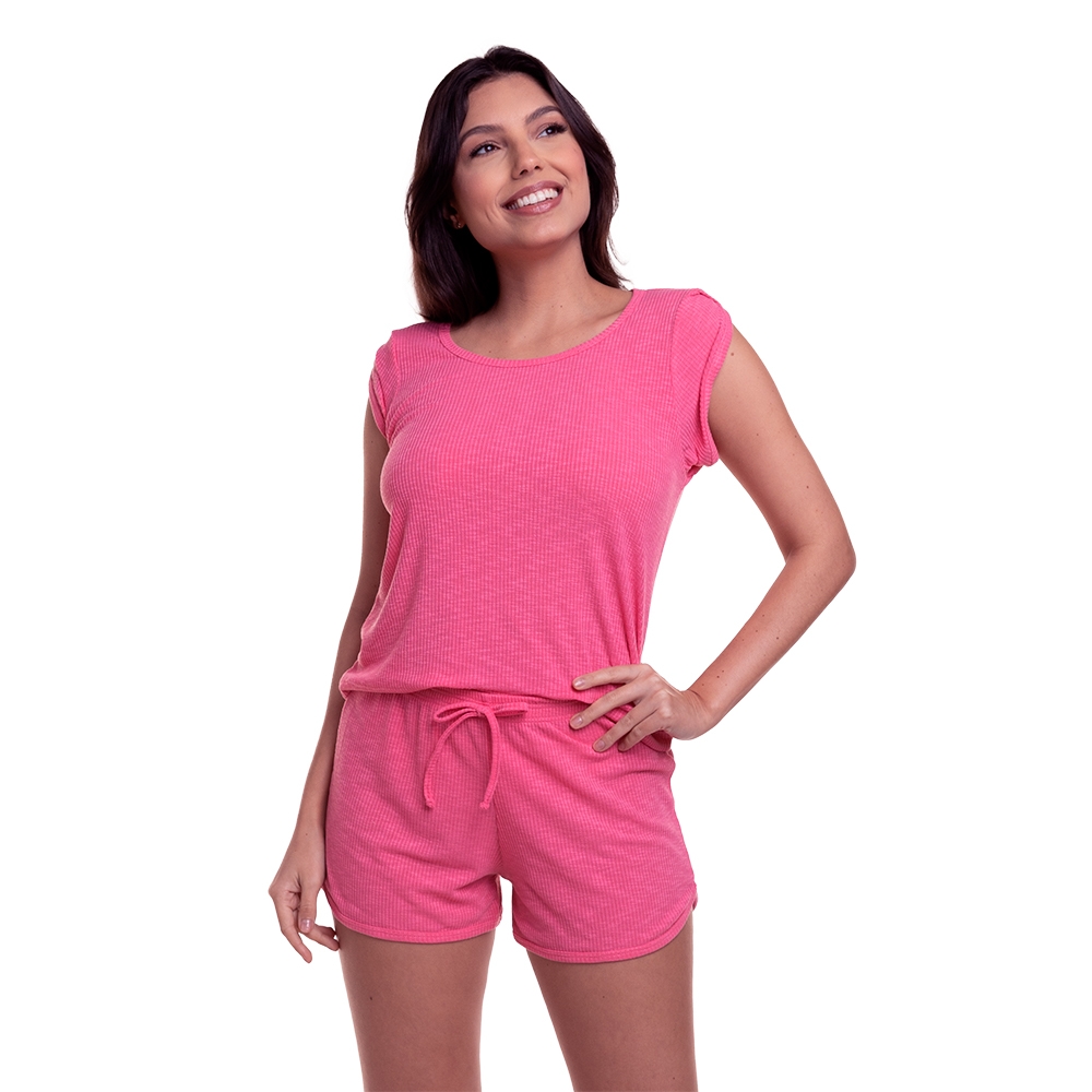 Short Doll com Manga em Canelado - Pink