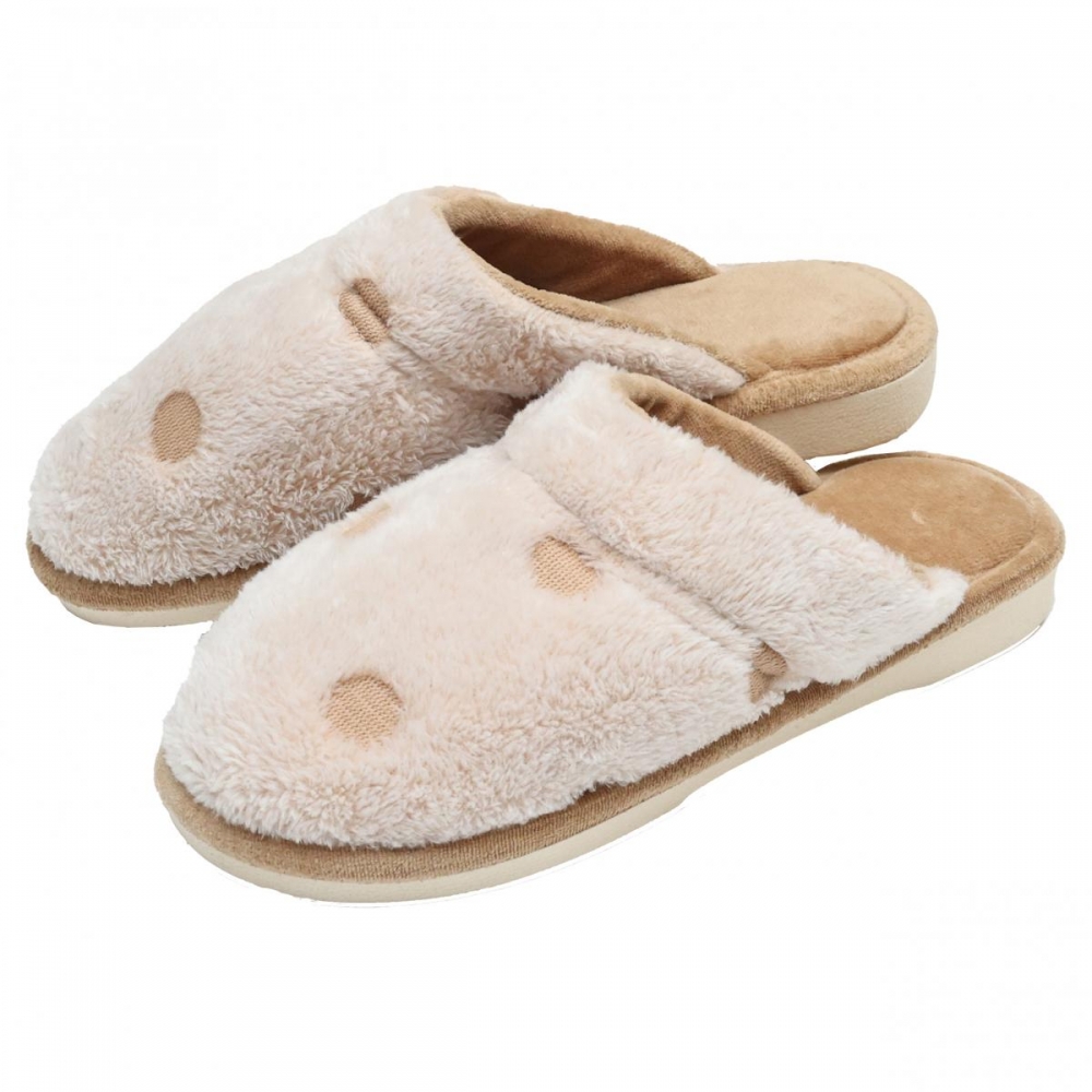 Pantufa Anatômica em Plush com Pelúcia Poá - Bege