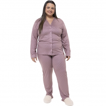 Pijama Feminino Plus Size Inverno Malha Aveludada Abotoado