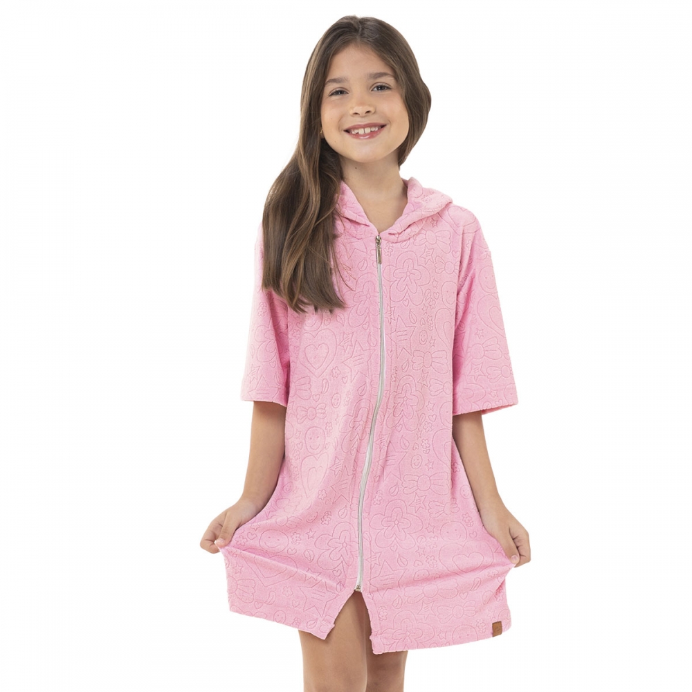 Roupão Atoalhado Infantil com Capuz e Zíper – Unissex - Rosa