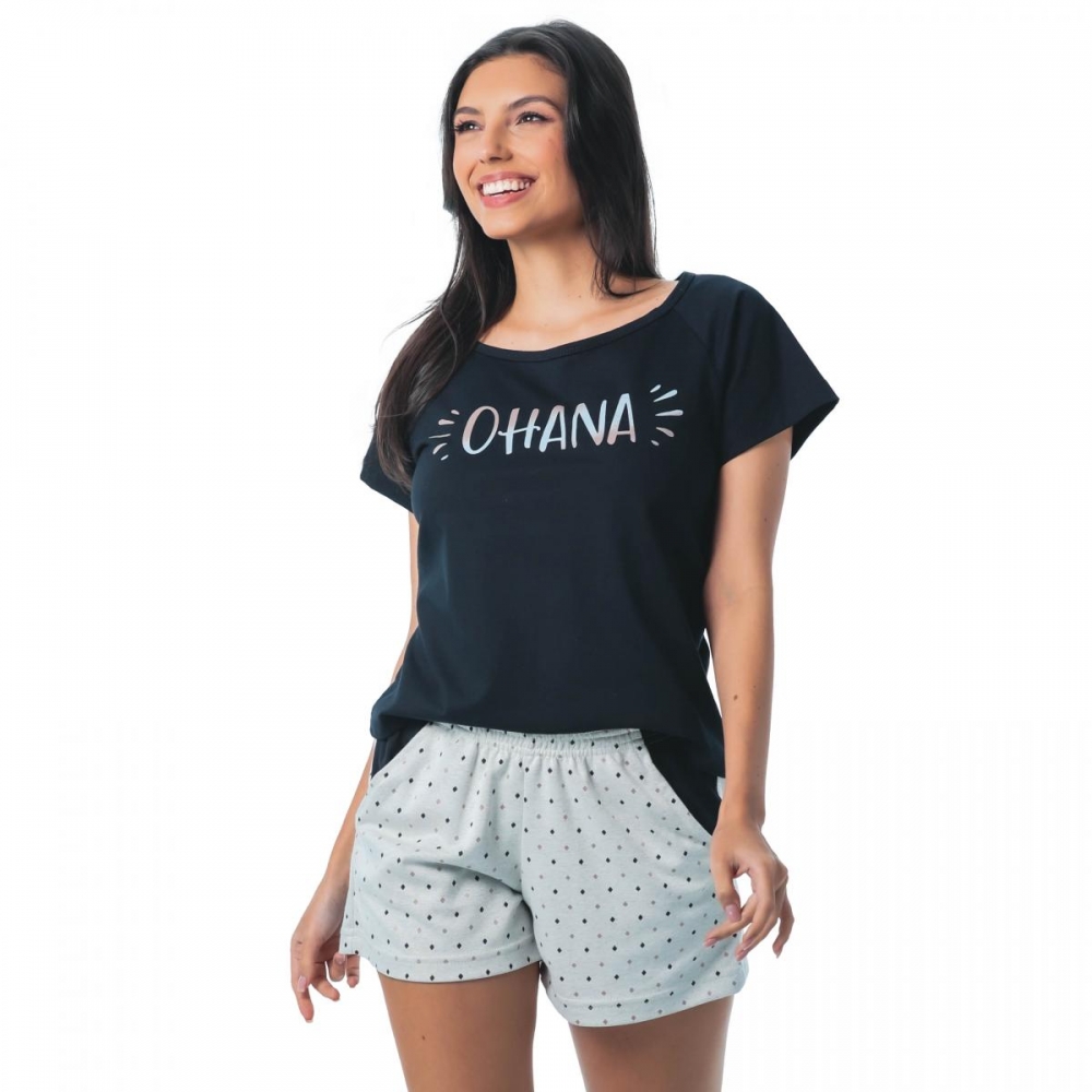 Conjunto Ohana com Short em Jacquard e Camisa em Malha - Preto