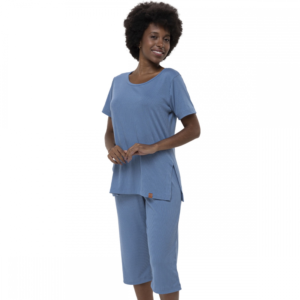Conjunto Lounge Capri Modal Canelado Dream Manga Curta - Índigo