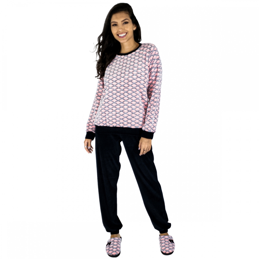 Pijama em Plush com Pelúcia Trabalhada - Preto/Rosa