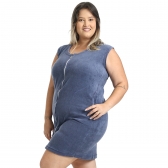 Roupão Feminino em Atoalhado Gramatura Leve Modelagem Justa com Zíper e Bolsos - Puff - Índigo