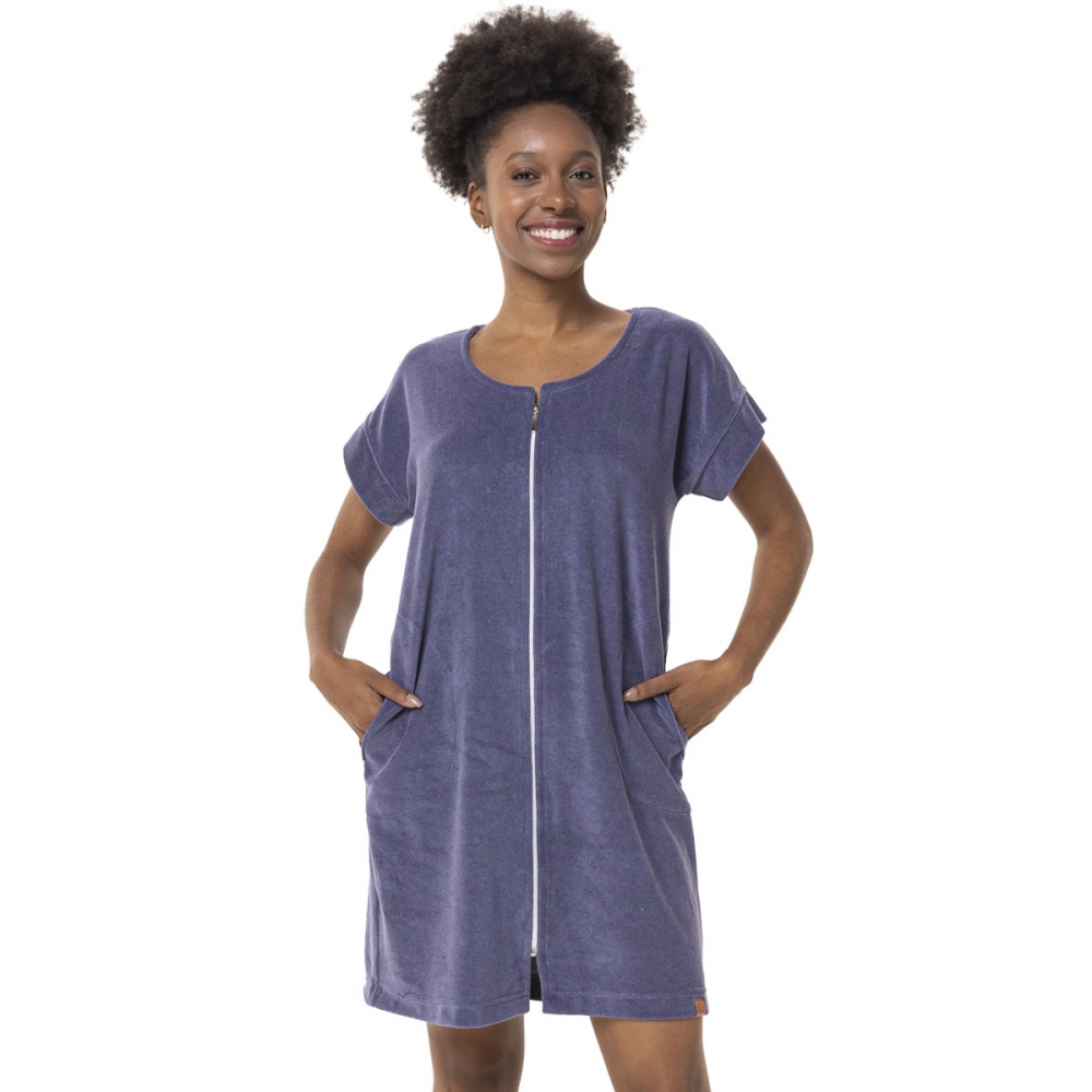 Roupão Feminino Adulto Atoalhado com Fechamento em Zíper - Índigo