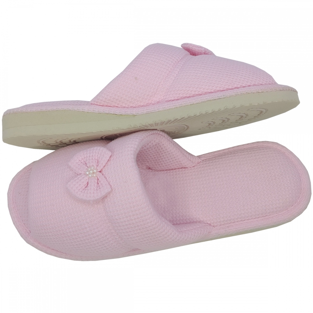 Pantufa Malha Favos com Laço - Rosa Bebê