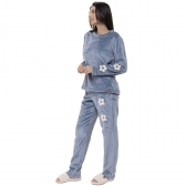 Pijama Inverno Fleece Peluciado com Bordado de Flores - Índigo