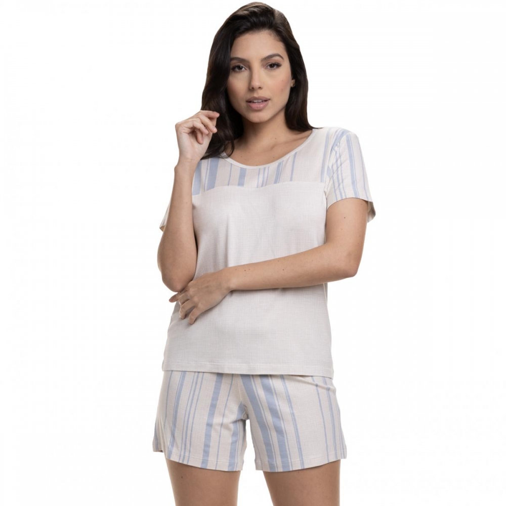 Short Doll com Manga em Viscolycra Listrada - Azul