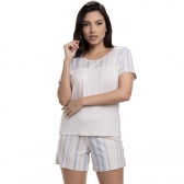 Short Doll com Manga em Viscolycra Listrada - Azul