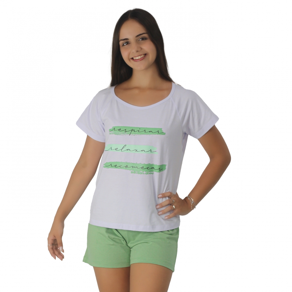 Short Doll 100% Algodão Malha Leve - Respirar, Relaxar e Recomeçar - Verde