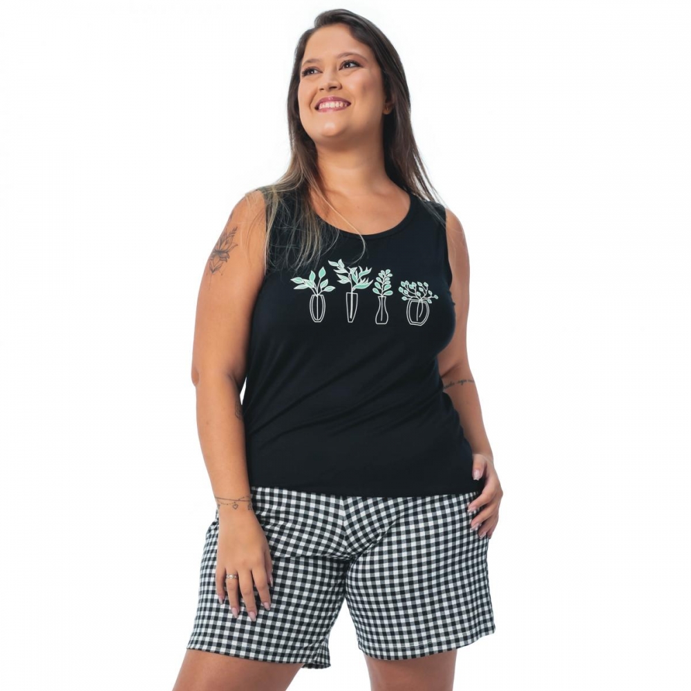 Short Doll Regata em Viscolycra Xadrez Flowers Plus Size - Preto