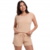Short Doll com Manga em Canelado - Nude