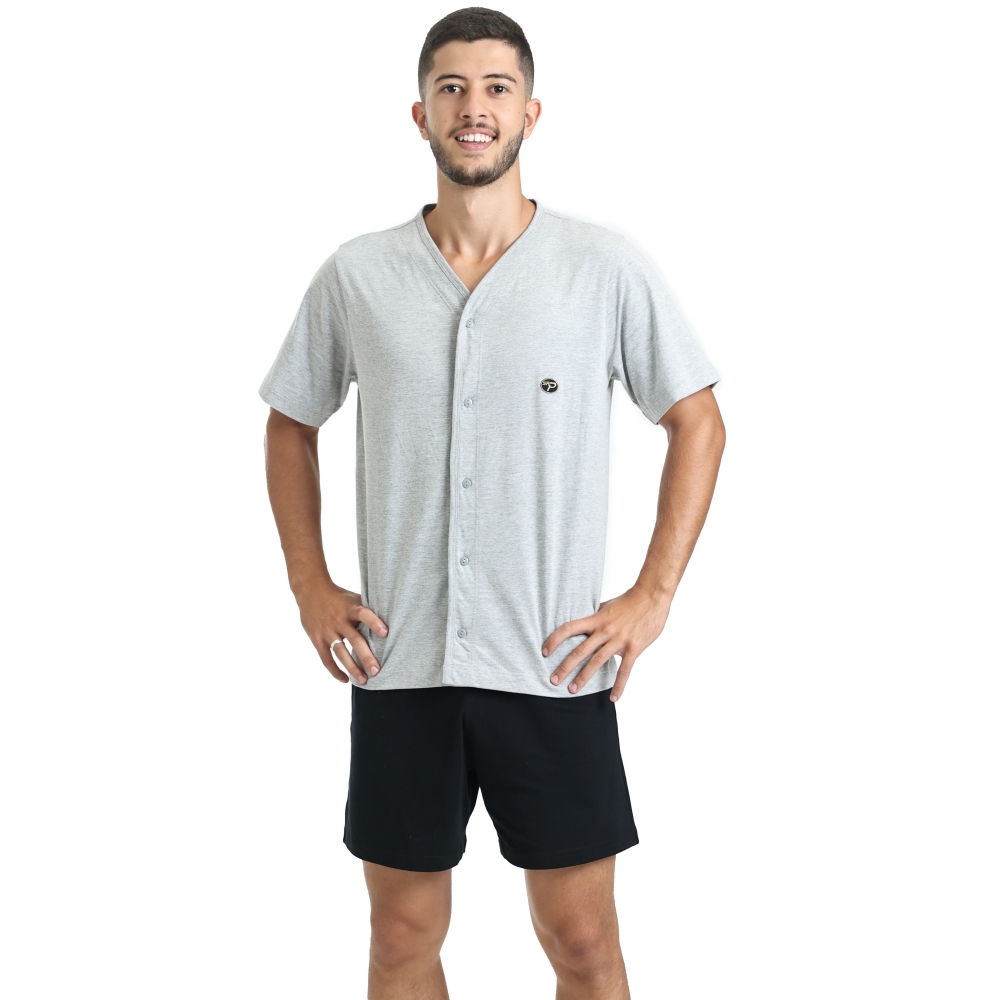 Pijama Masculino em Malha de Algodão com Botões - Preto