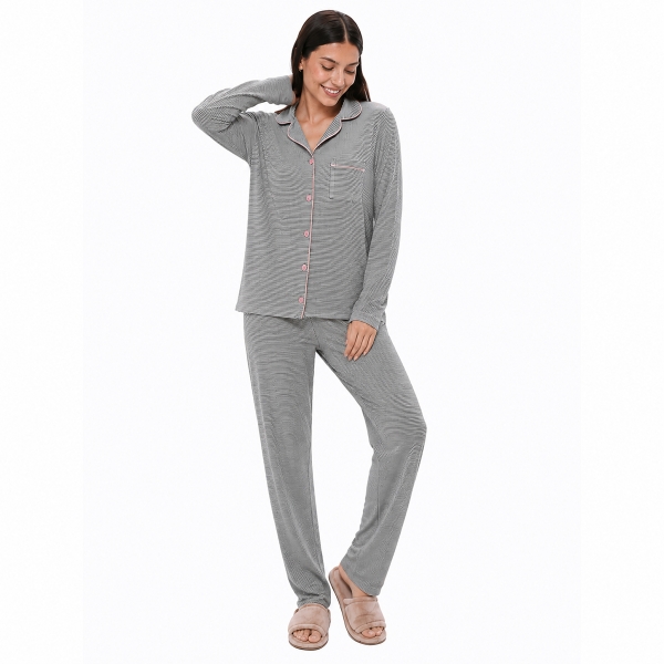 Pijama Feminino Soft Touch Listras Abotoado