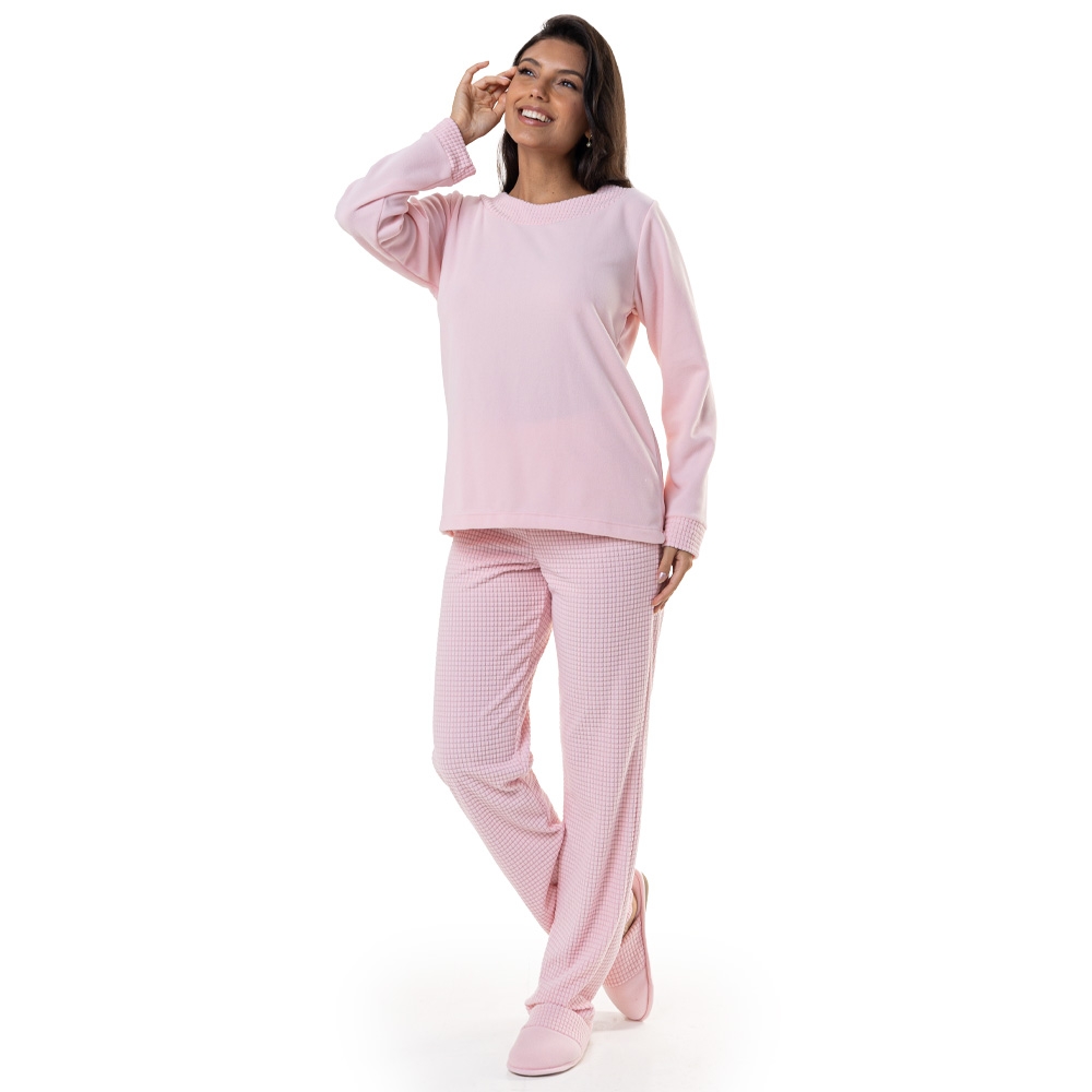 Pijama em Ultrasoft com detalhes em Grid - rosa