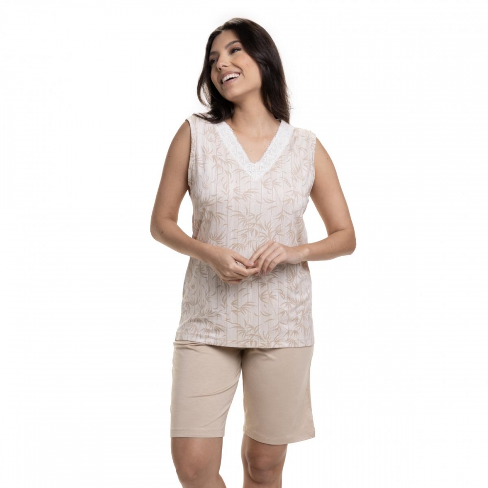 Bermudoll Regata com Renda em Viscolycra com Estampa Floral - Bege