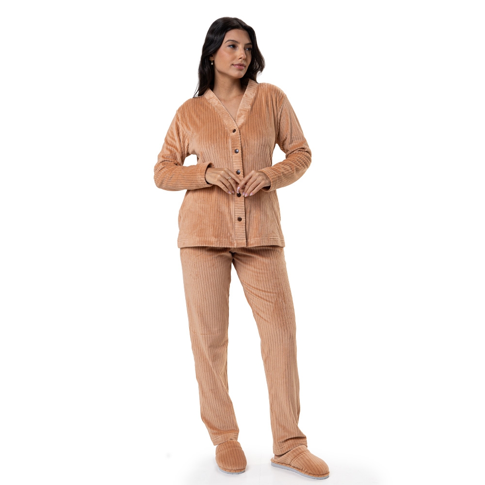 Pijama Plush Elastano Canelado Aberto - Bege