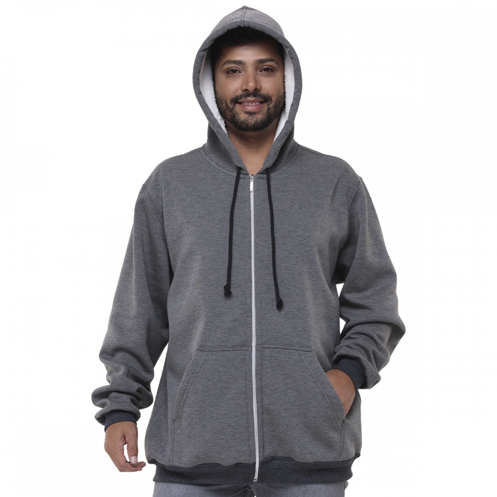 Blusa de Frio Moletom Peluciada Unissex Com Zíper e Capuz - Chumbo