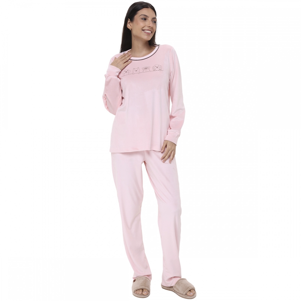 Pijama Feminino Plush Super Soft - Cachorrinhos - Rosa
