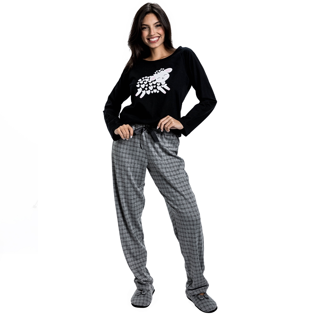 Pijama Malha de Algodão Premium com Jaccquard - Preto