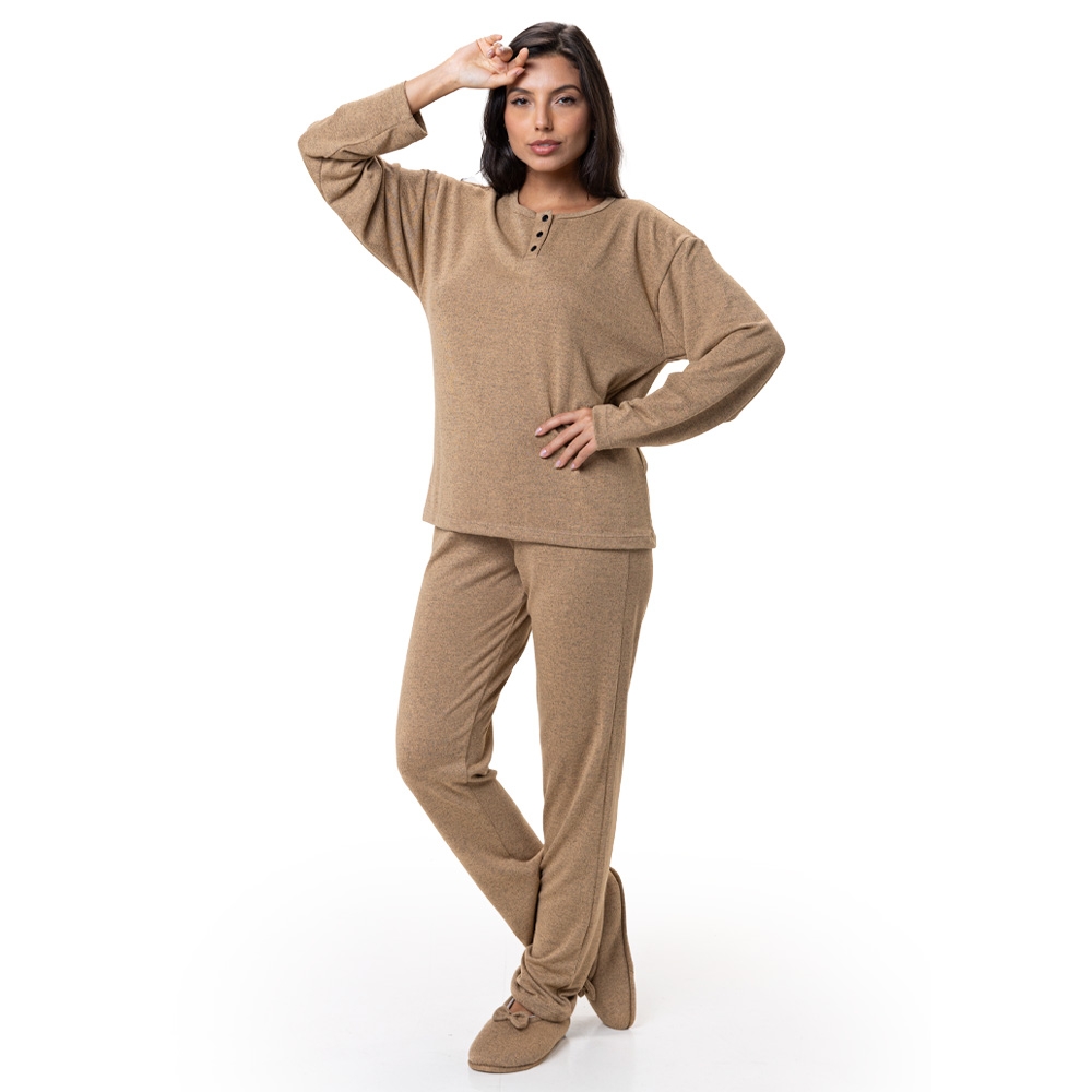 Conjunto Casual Malha Winter com Detalhes em Botões - Caqui