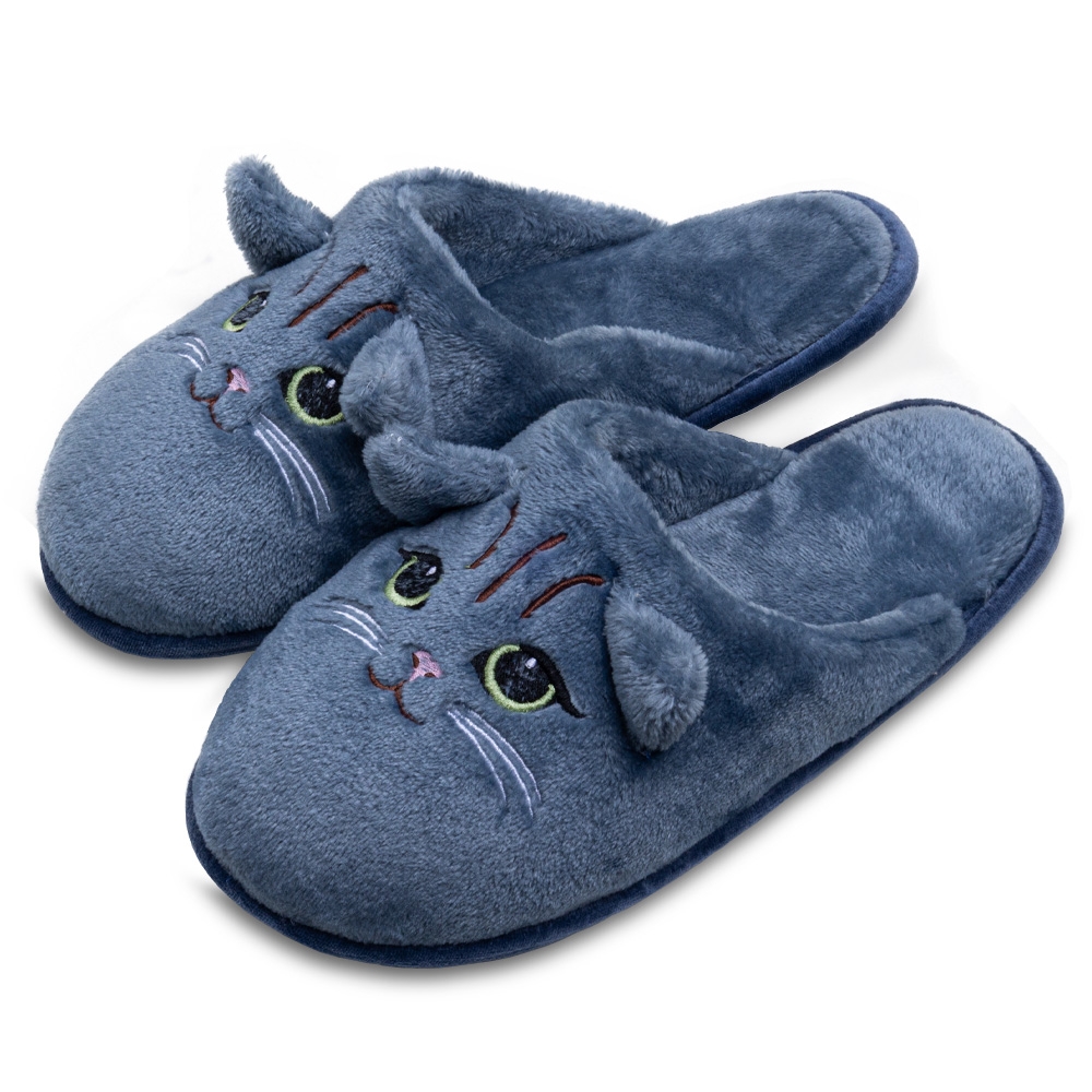 Pantufa Flexível Pelúcia Bordado Gato - Índigo