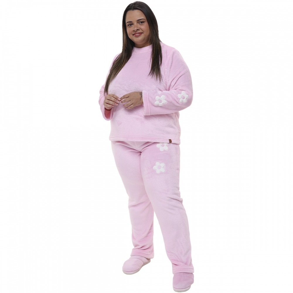 Pijama Inverno Fleece Peluciado com Bordado de Flores - PLUS - Rosa