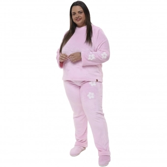 Pijama Inverno Fleece Peluciado com Bordado de Flores - PLUS