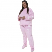 Pijama Inverno Fleece Peluciado com Bordado de Flores - PLUS - Rosa