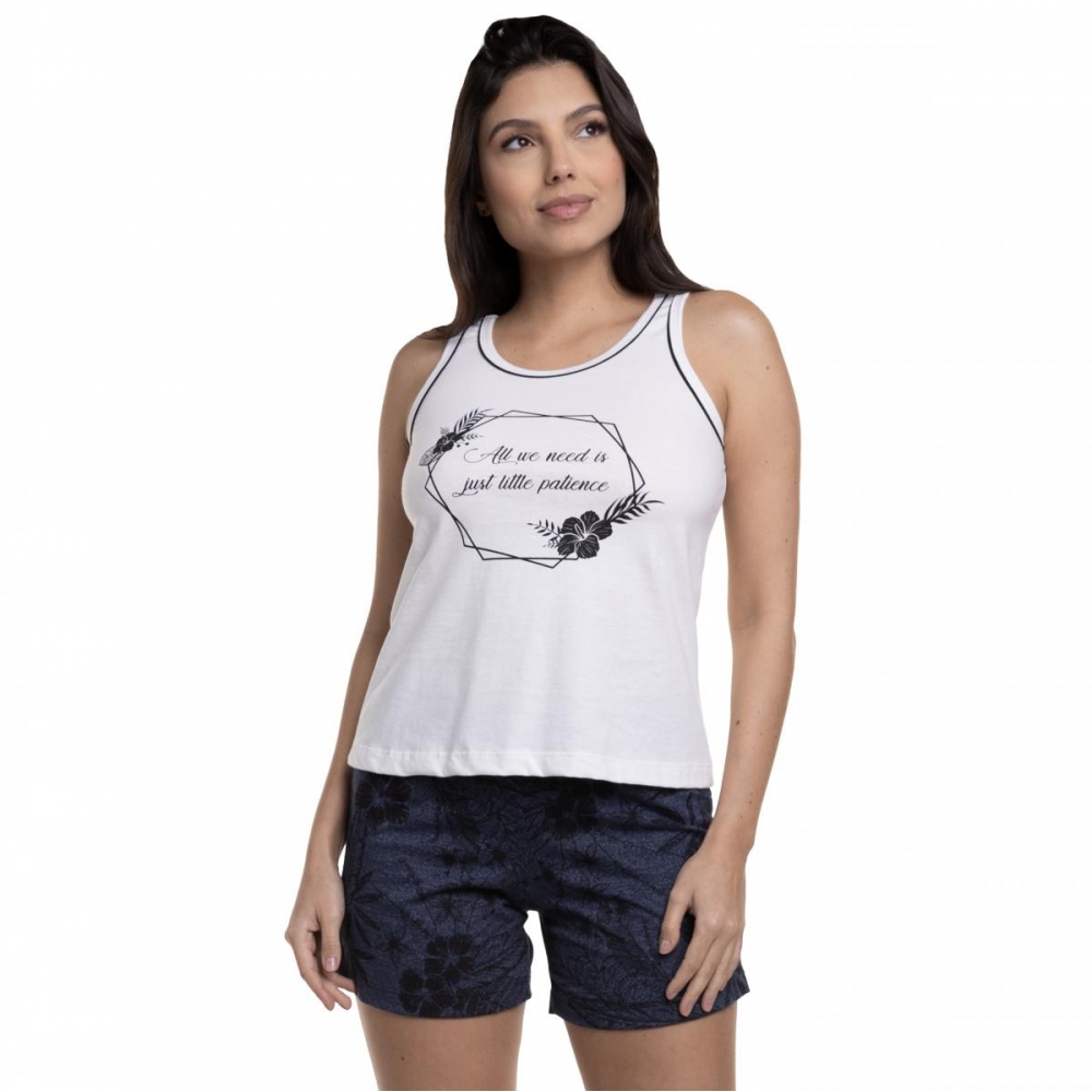 Short Doll de Regata em Malha 100% Algodão com Estampa Floral - Marinho