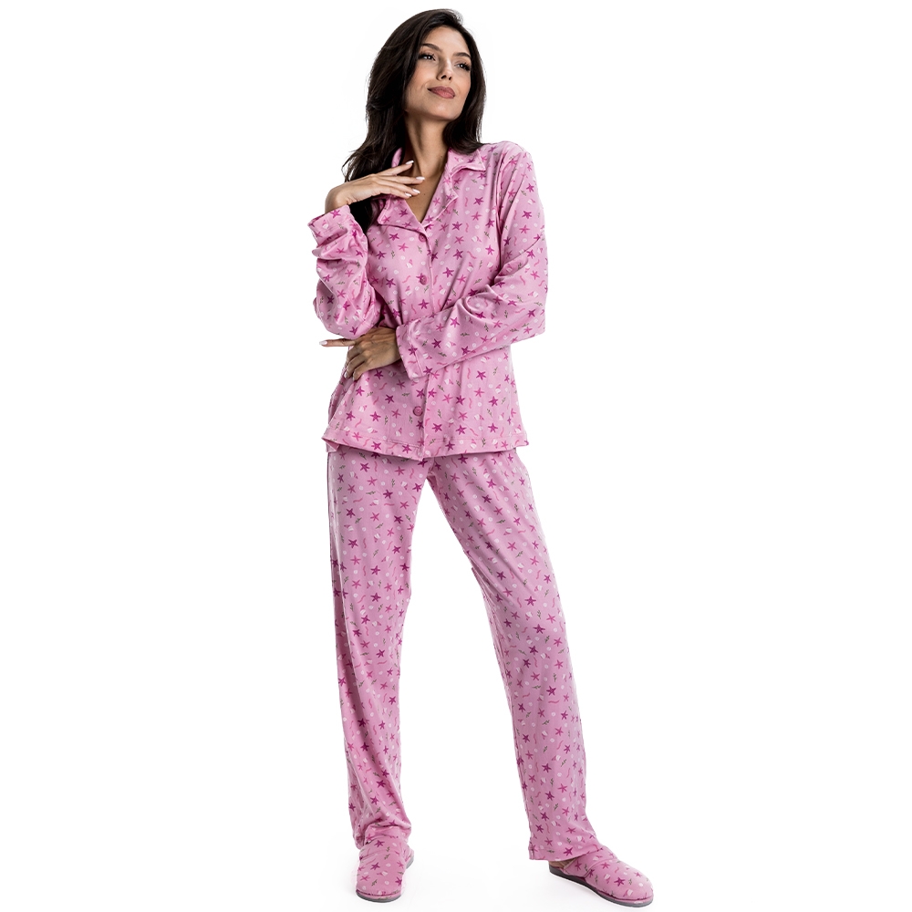 Pijama Malha Estampada Aberto - Rosa