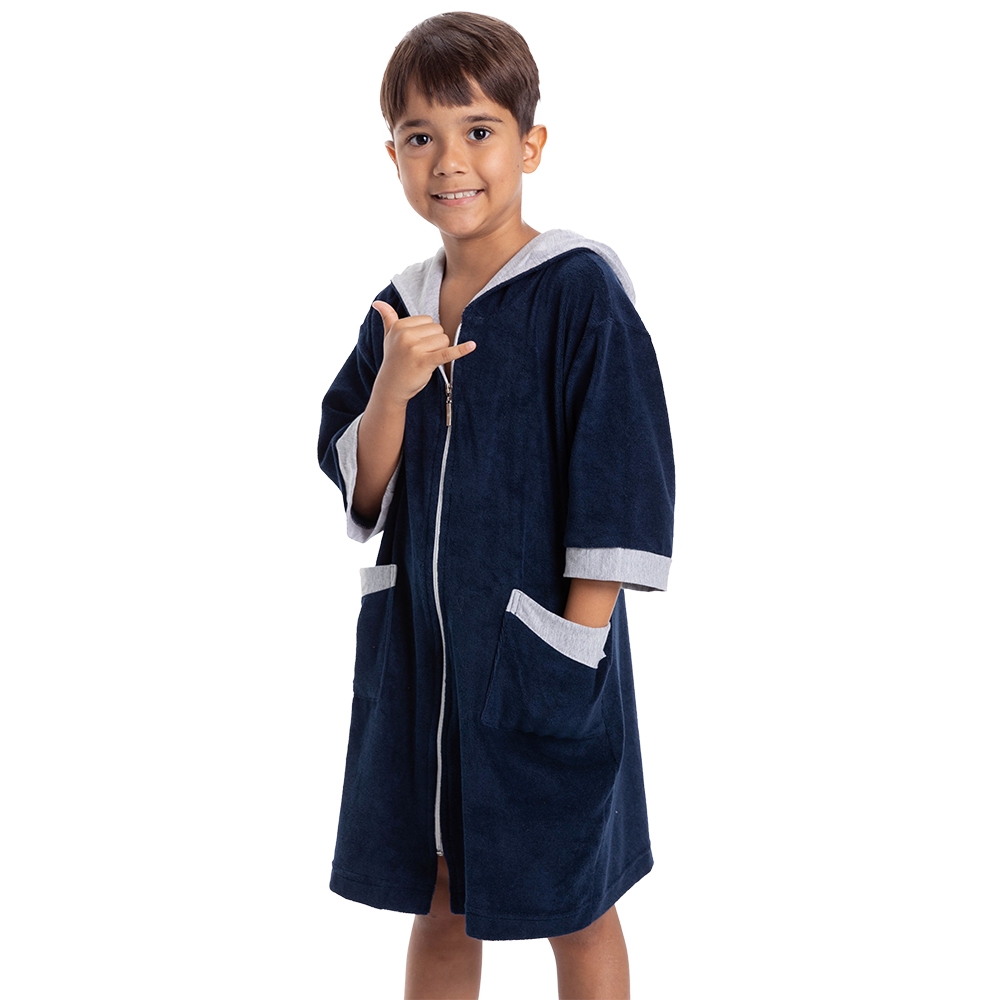 Roupão Atoalhado Infantil com Zíper e Capuz - Marinho