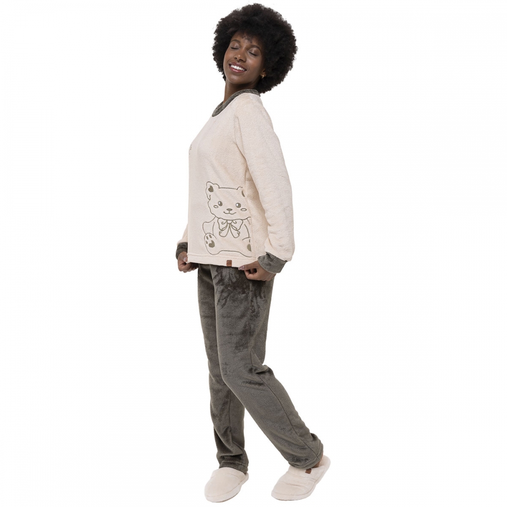 Pijama Feminino de Inverno em Fleece Peluciado - Ursinho - Verde