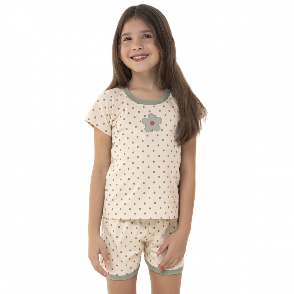 Pijama Infantil Feminino Manga Curta Poá – Malha Algodão - Verde