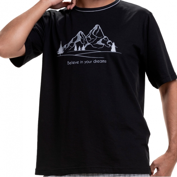 Pijama de Manga em Malha 100% Algodão Montanha com Jacquard Xadrez - Preto