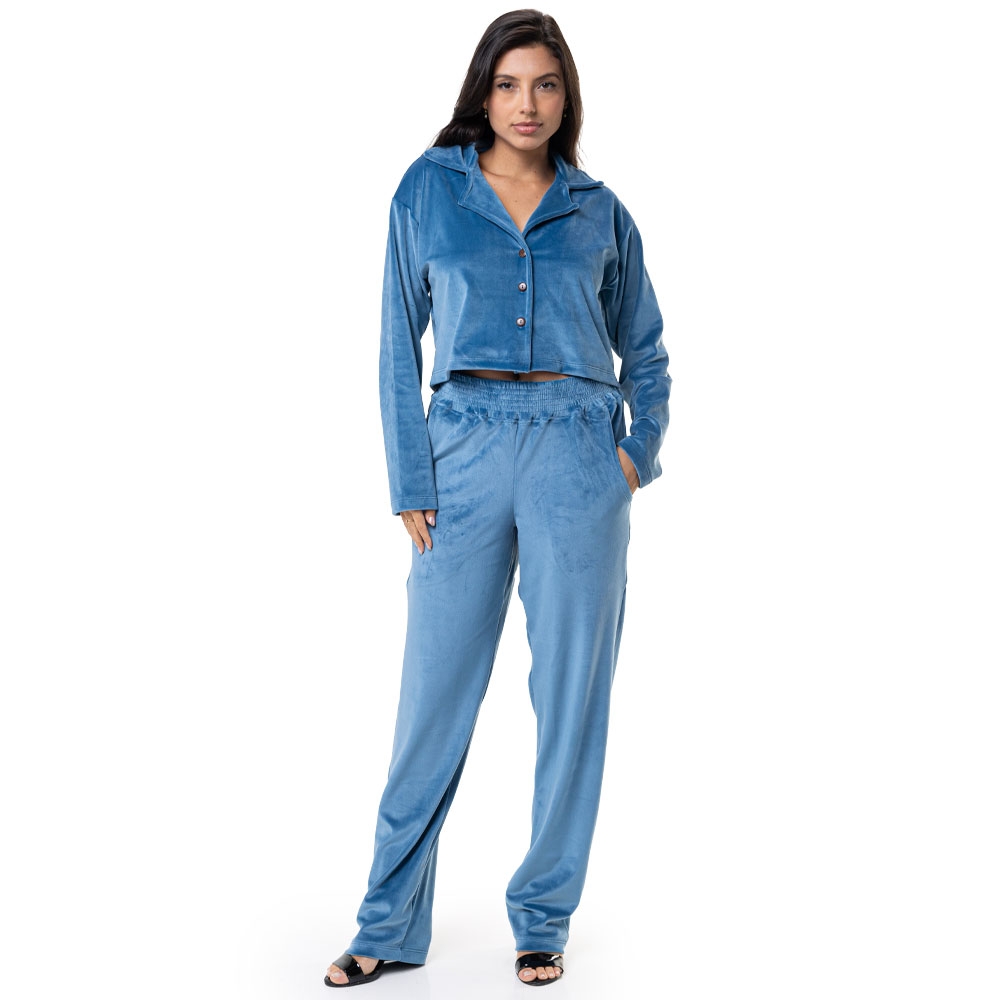 Conjunto casual em Plush com Abertura em Botão - Indigo