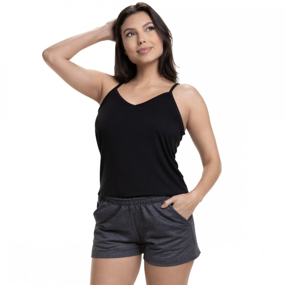 Short Doll com Alcinha em Viscolycra e Moletinho - Preto