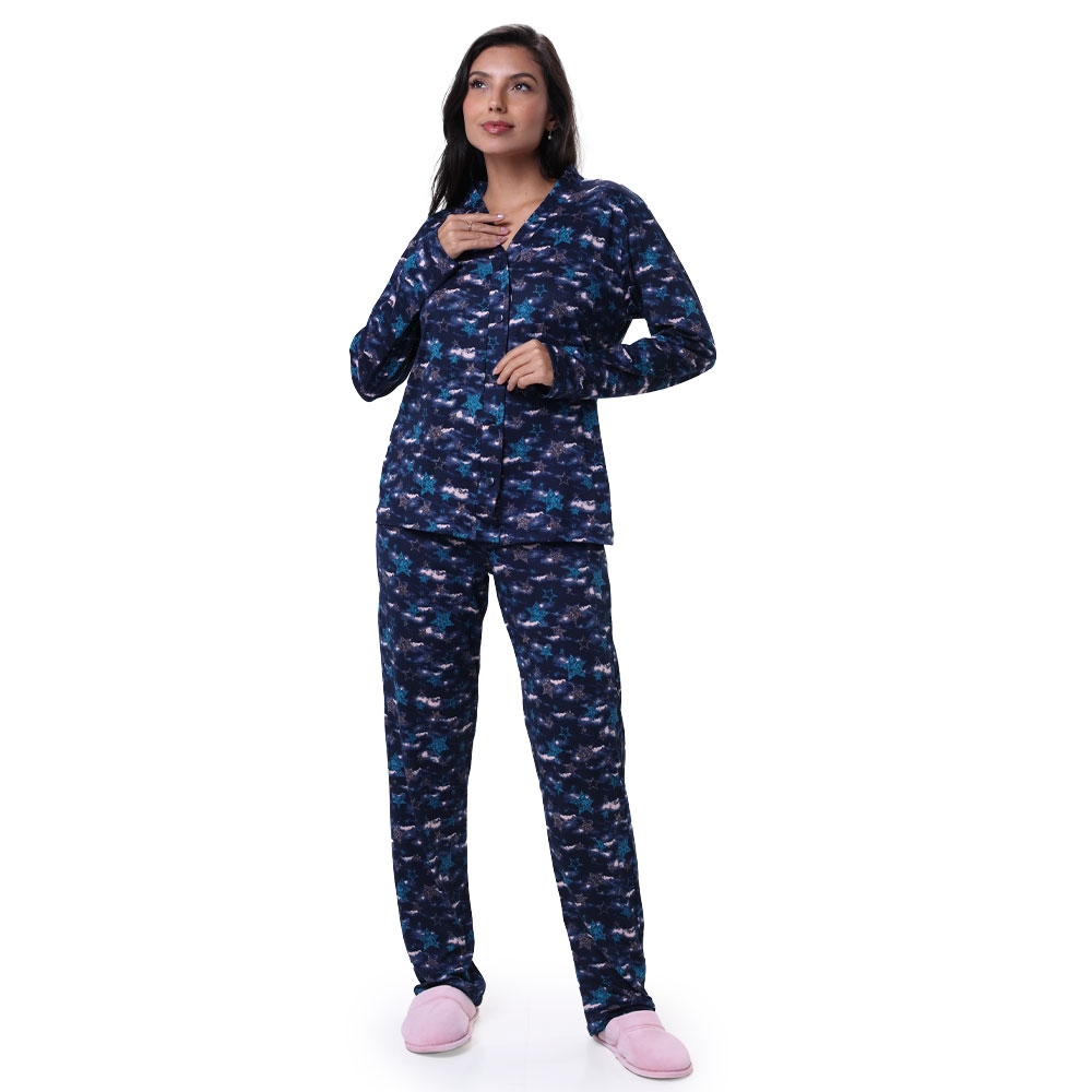 Pijama de Botão em Modal Winter - Marinho