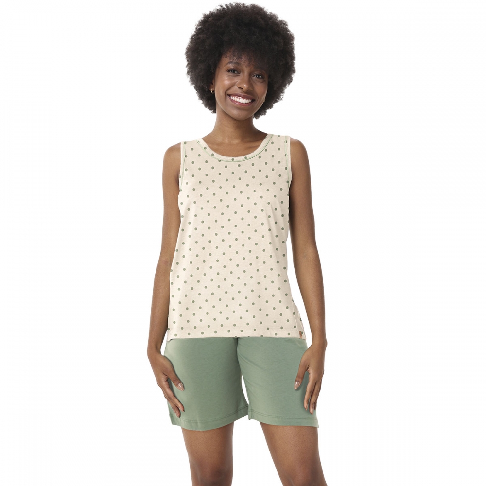 Pijama Feminino Regata Poá com Bermuda em Malha de Algodão - Verde