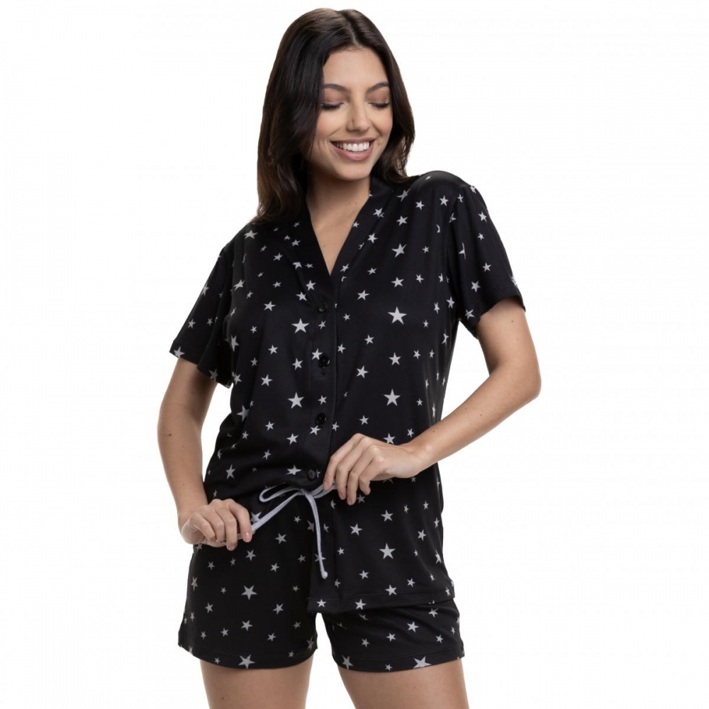 Short Doll Estampado de Manga com Botões em Modal Summer - Preto