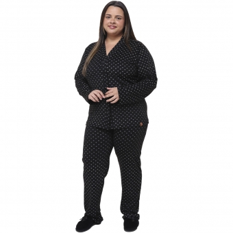 Pijama Feminino Plus Size Inverno Malha Aveludada Abotoado