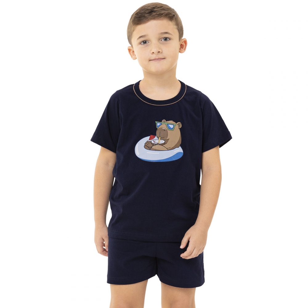 Pijama Infantil Manga Curta Malha Algodão - Capy & Cozy - Marinho