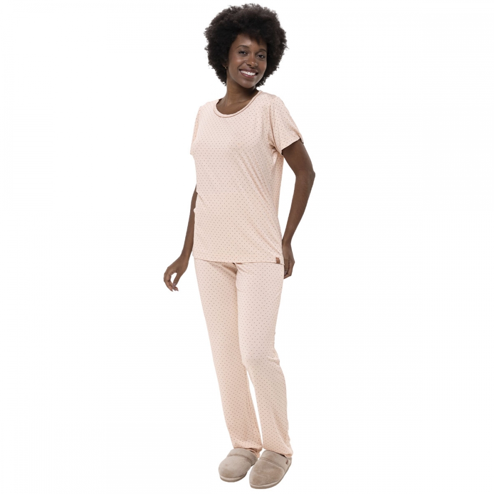 Pijama Feminino Viscolycra Poá – Conforto e Elegância para Suas Noites - Porcelana