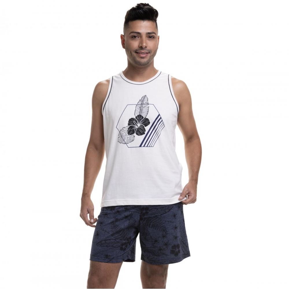 Pijama de Malha 100% Algodão Regata Floral - Marinho